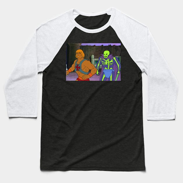 He-Man faces Scare Glow! Baseball T-Shirt by SpikeyTortoiseComics